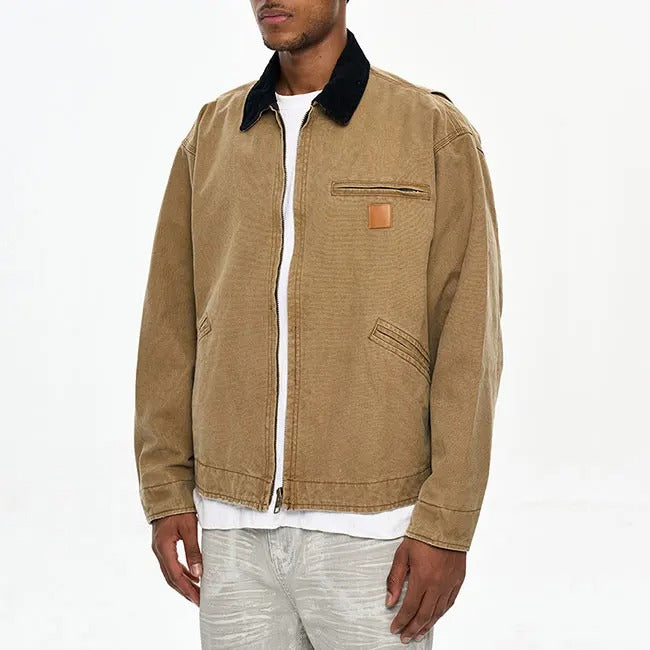 Tan zip-front jacket with contrast collar