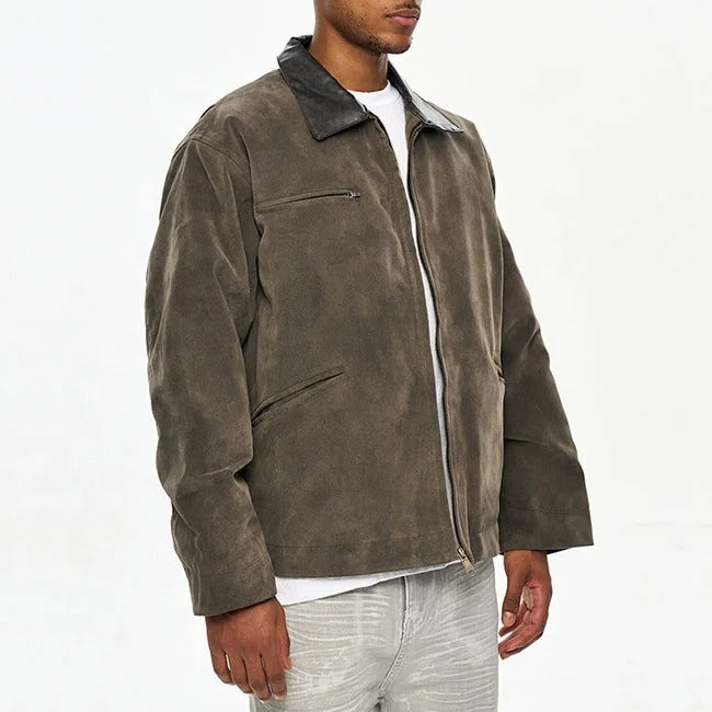 Dark brown zip-front jacket with contrast collar