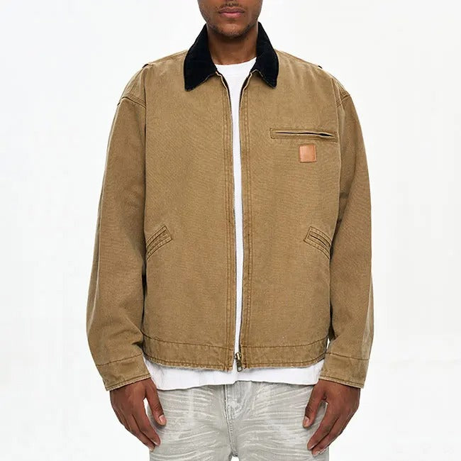 Tan zip-front jacket with contrast collar