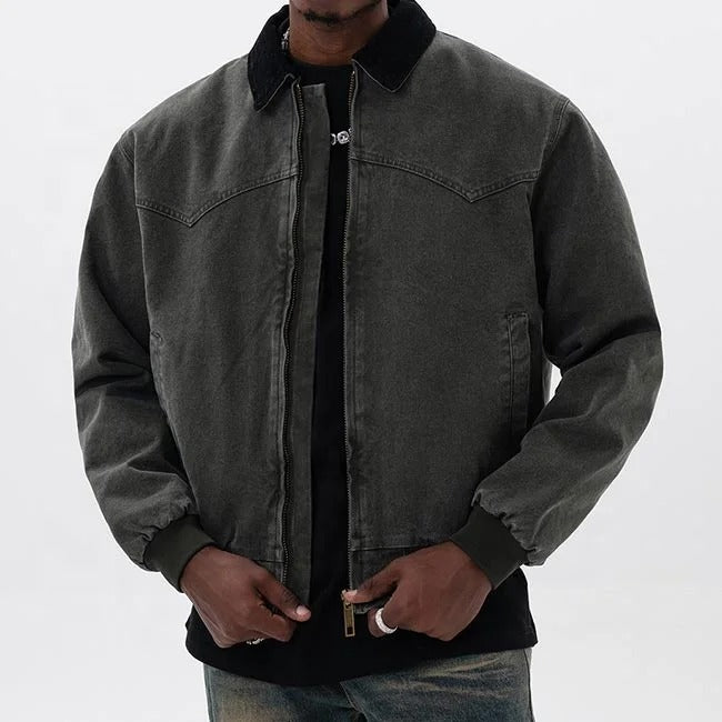 Dark grey zip-front jacket with contrast collar