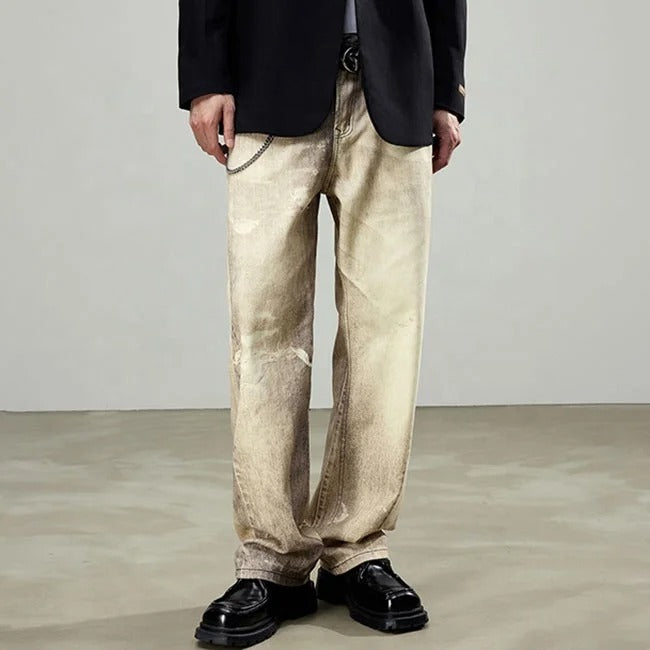 Beige wide-leg jeans with faded wash