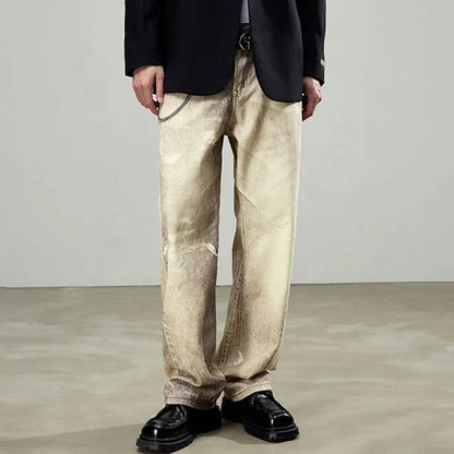 Beige wide-leg jeans with faded wash