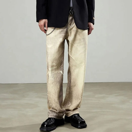 Beige wide-leg jeans with faded wash