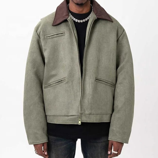 Light olive zip-front jacket with contrast collar