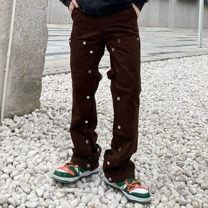 Brown straight-leg trousers with snap button detailing