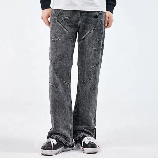 Grey straight-leg jeans with seam panel detailing