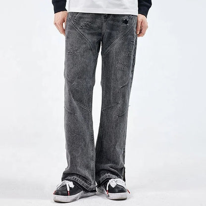 Grey straight-leg jeans with seam panel detailing