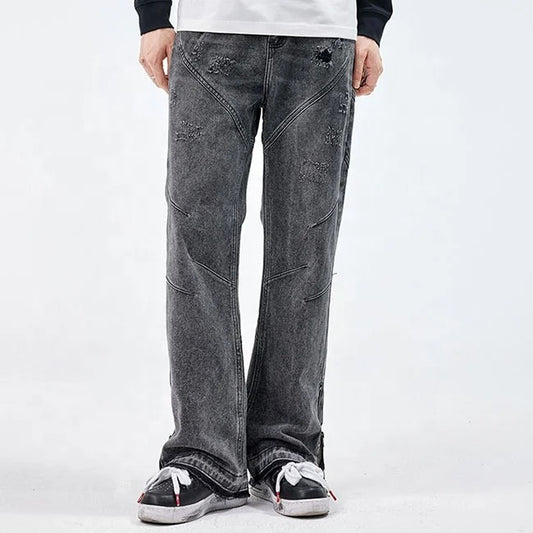 Grey straight-leg jeans with seam panel detailing