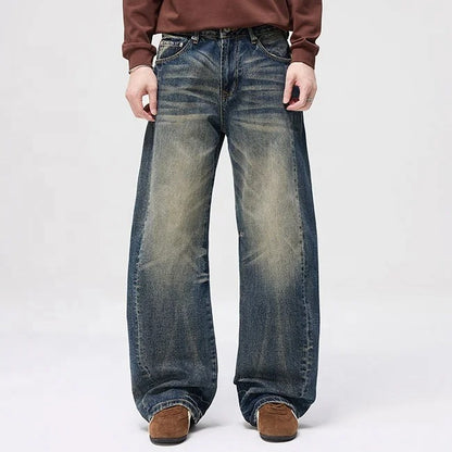 Blue wide-leg jeans with faded wash
