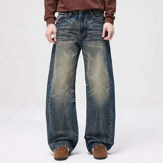 Blue wide-leg jeans with faded wash