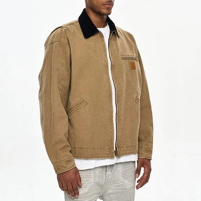 Tan zip-front jacket with contrast collar