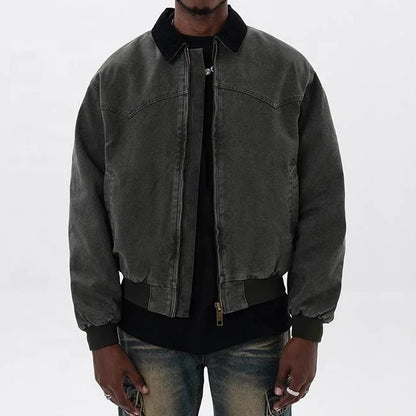 Dark grey zip-front jacket with contrast collar