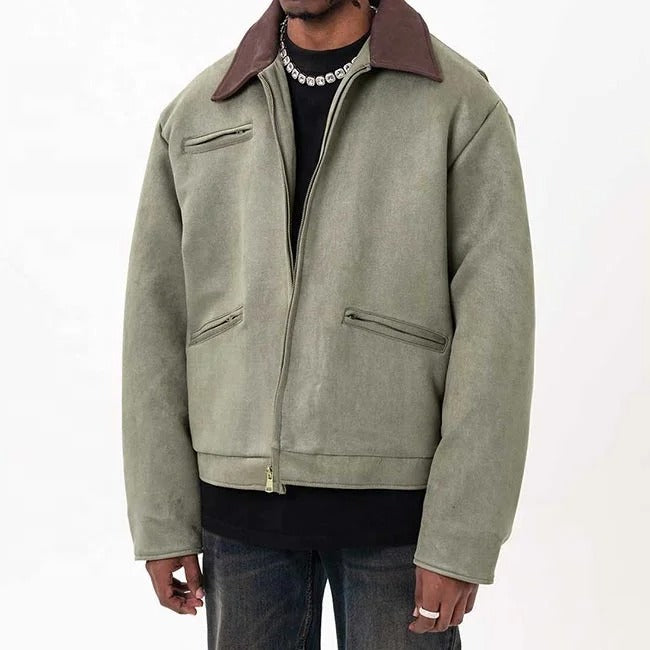 Light olive zip-front jacket with contrast collar