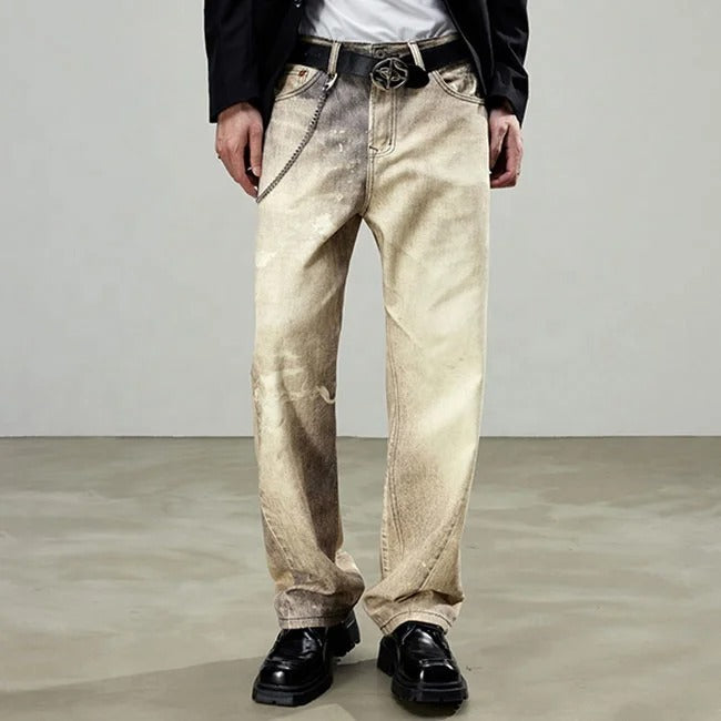 Beige wide-leg jeans with faded wash