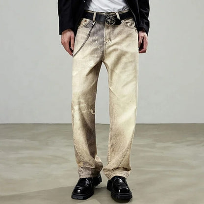 Beige wide-leg jeans with faded wash