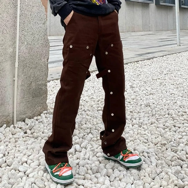 Brown straight-leg trousers with snap button detailing