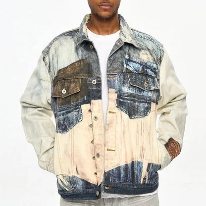 Multi-colour patchwork denim jacket with printed panels