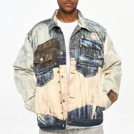 Multi-colour patchwork denim jacket with printed panels