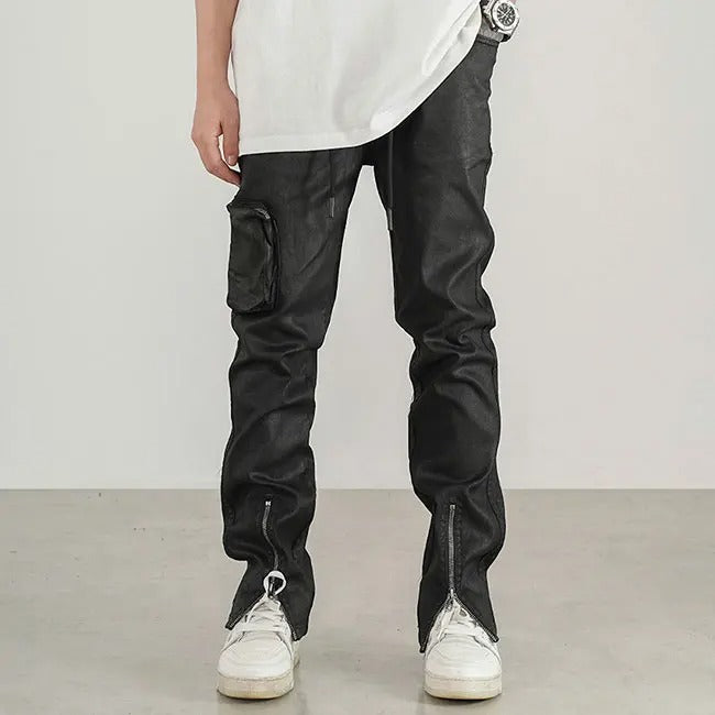 Black slim-fit trousers with cargo pocket and zip hems