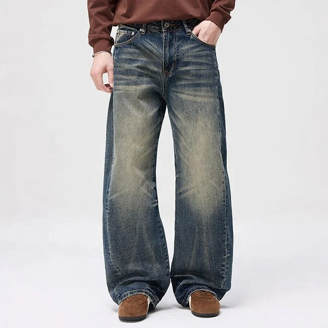 Blue wide-leg jeans with faded wash