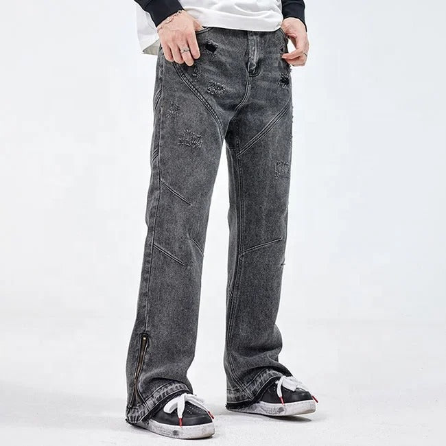 Grey straight-leg jeans with seam panel detailing