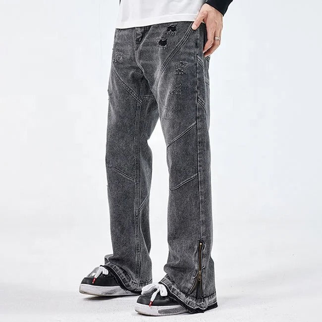 Grey straight-leg jeans with seam panel detailing