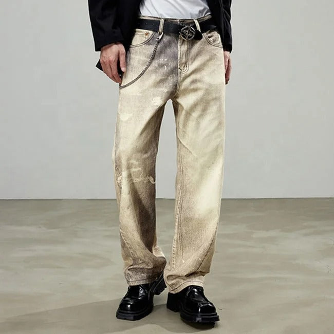 Beige wide-leg jeans with faded wash