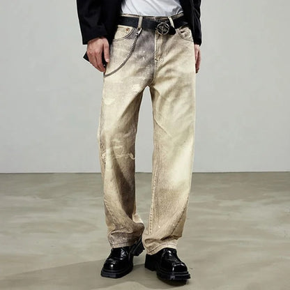 Beige wide-leg jeans with faded wash