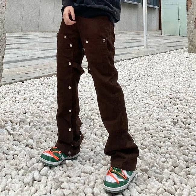 Brown straight-leg trousers with snap button detailing