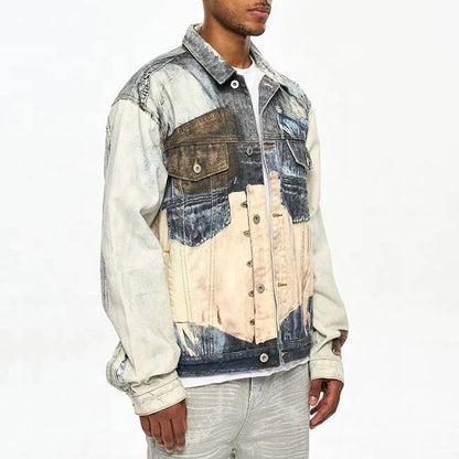 Multi-colour patchwork denim jacket with printed panels