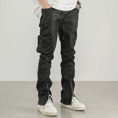 Black slim-fit trousers with cargo pocket and zip hems