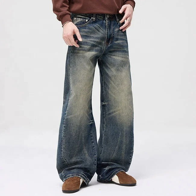 Blue wide-leg jeans with faded wash