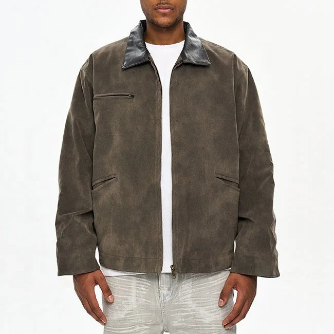 Dark brown zip-front jacket with contrast collar
