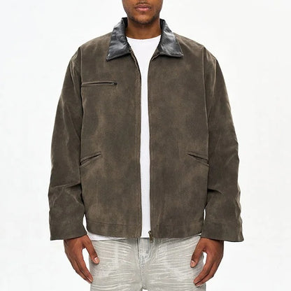 Dark brown zip-front jacket with contrast collar