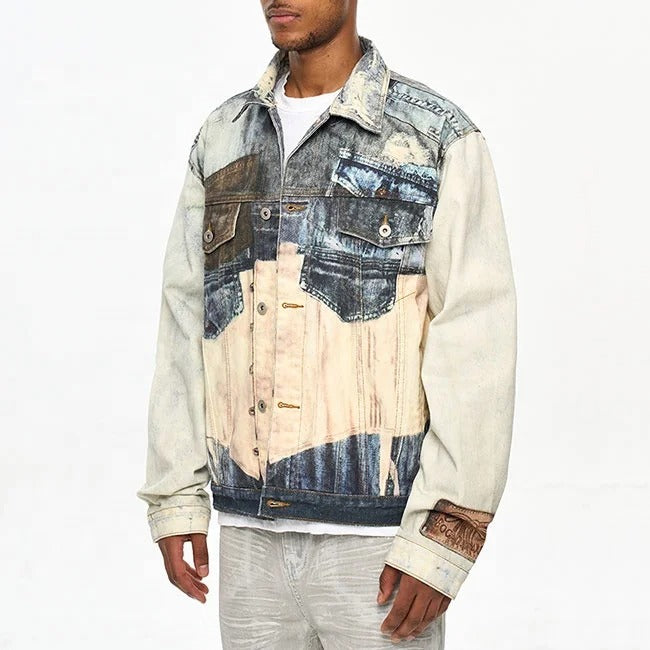 Multi-colour patchwork denim jacket with printed panels
