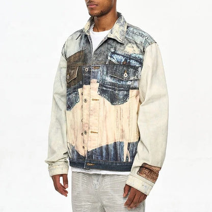 Multi-colour patchwork denim jacket with printed panels