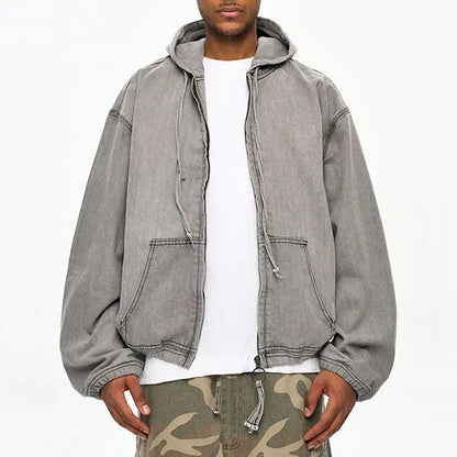 Light grey hooded zip jacket with drawstring hem