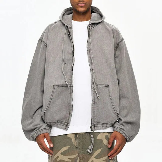Light grey hooded zip jacket with drawstring hem