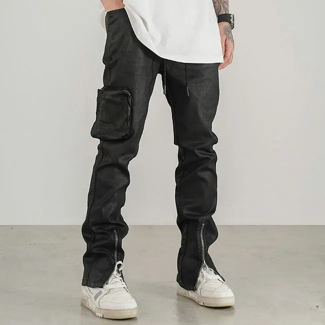 Black slim-fit trousers with cargo pocket and zip hems