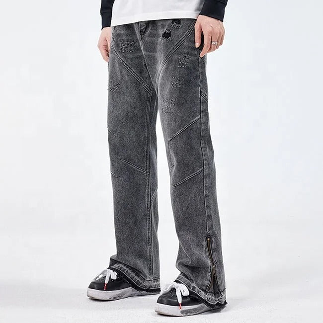 Grey straight-leg jeans with seam panel detailing