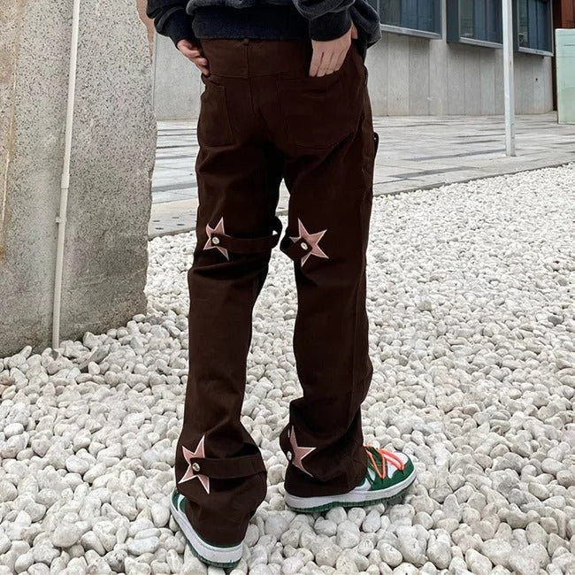 Brown straight-leg trousers with snap button detailing