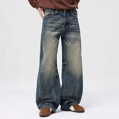 Blue wide-leg jeans with faded wash