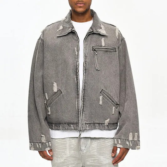 Grey distressed zip-front jacket with frayed details