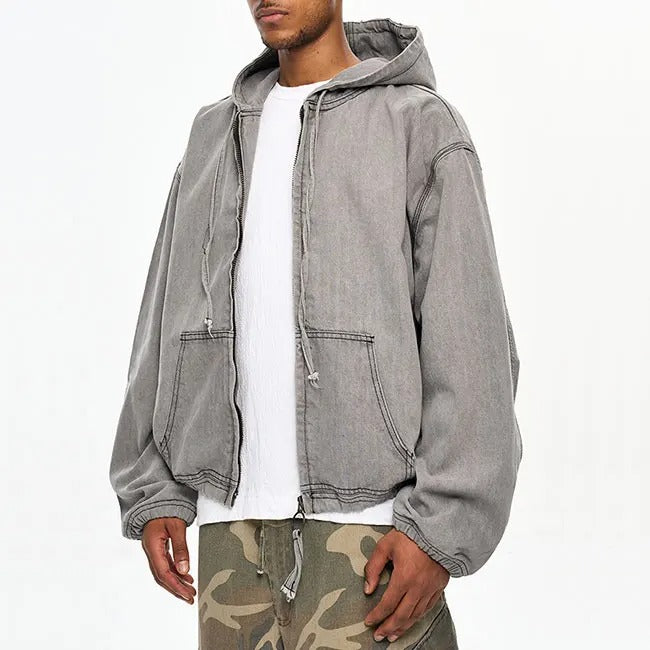 Light grey hooded zip jacket with drawstring hem