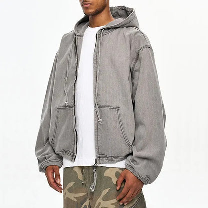Light grey hooded zip jacket with drawstring hem