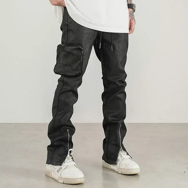 Black slim-fit trousers with cargo pocket and zip hems