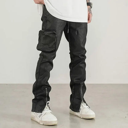 Black slim-fit trousers with cargo pocket and zip hems