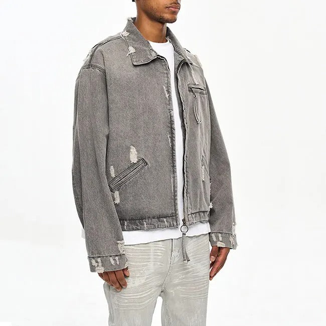 Grey distressed zip-front jacket with frayed details