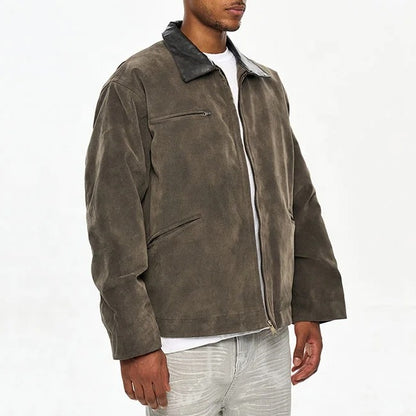 Dark brown zip-front jacket with contrast collar