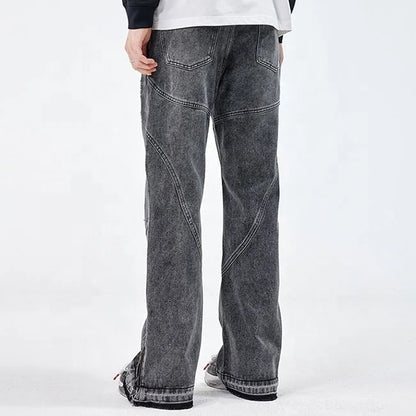 Grey straight-leg jeans with seam panel detailing